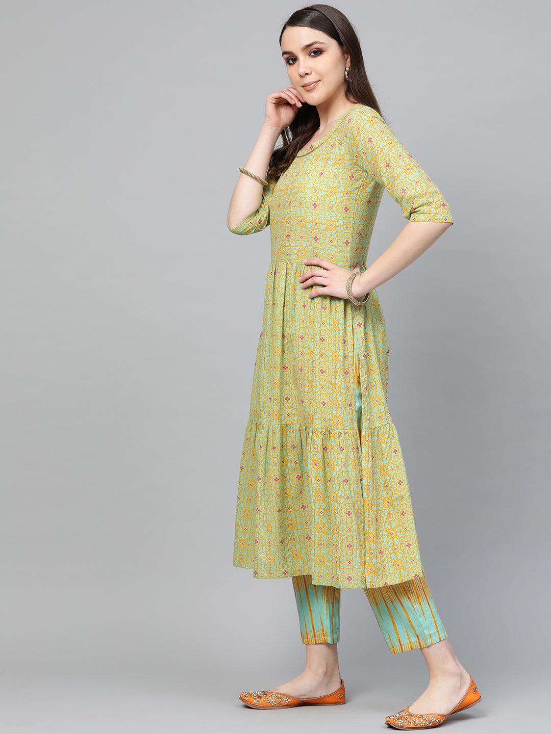 Green Printed Cotton Kurta Set