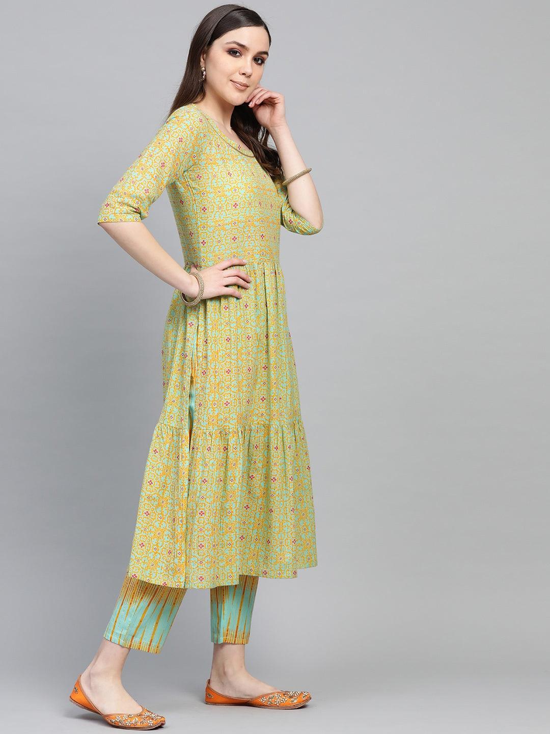 Green Printed Cotton Kurta Set