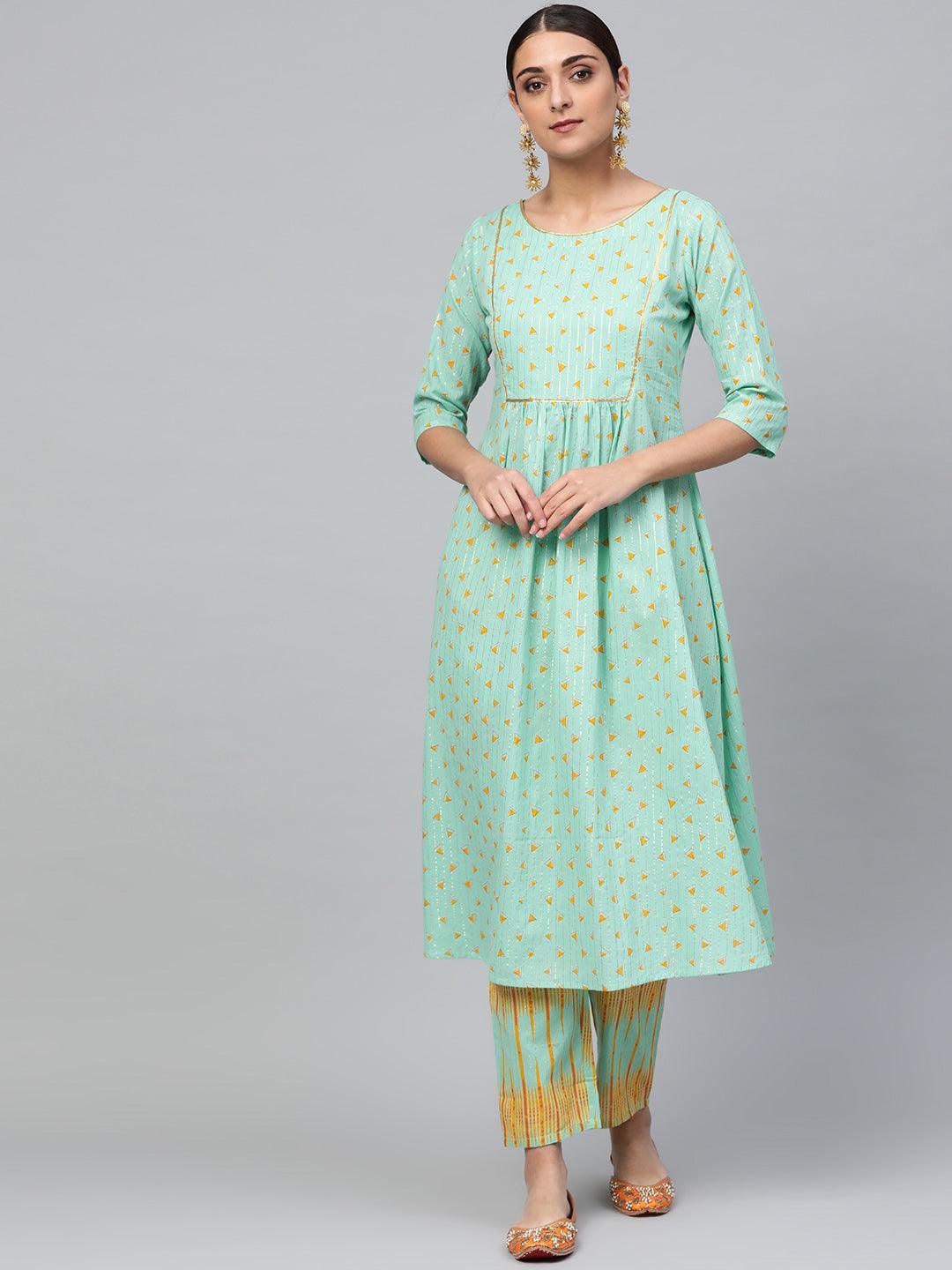 Green Printed Cotton Kurta Set