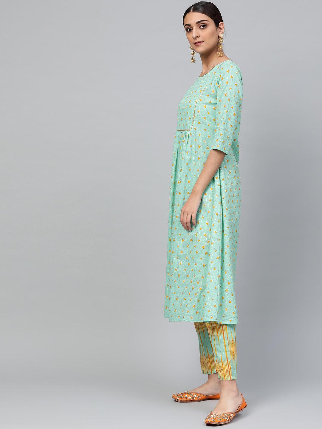 Green Printed Cotton Kurta Set