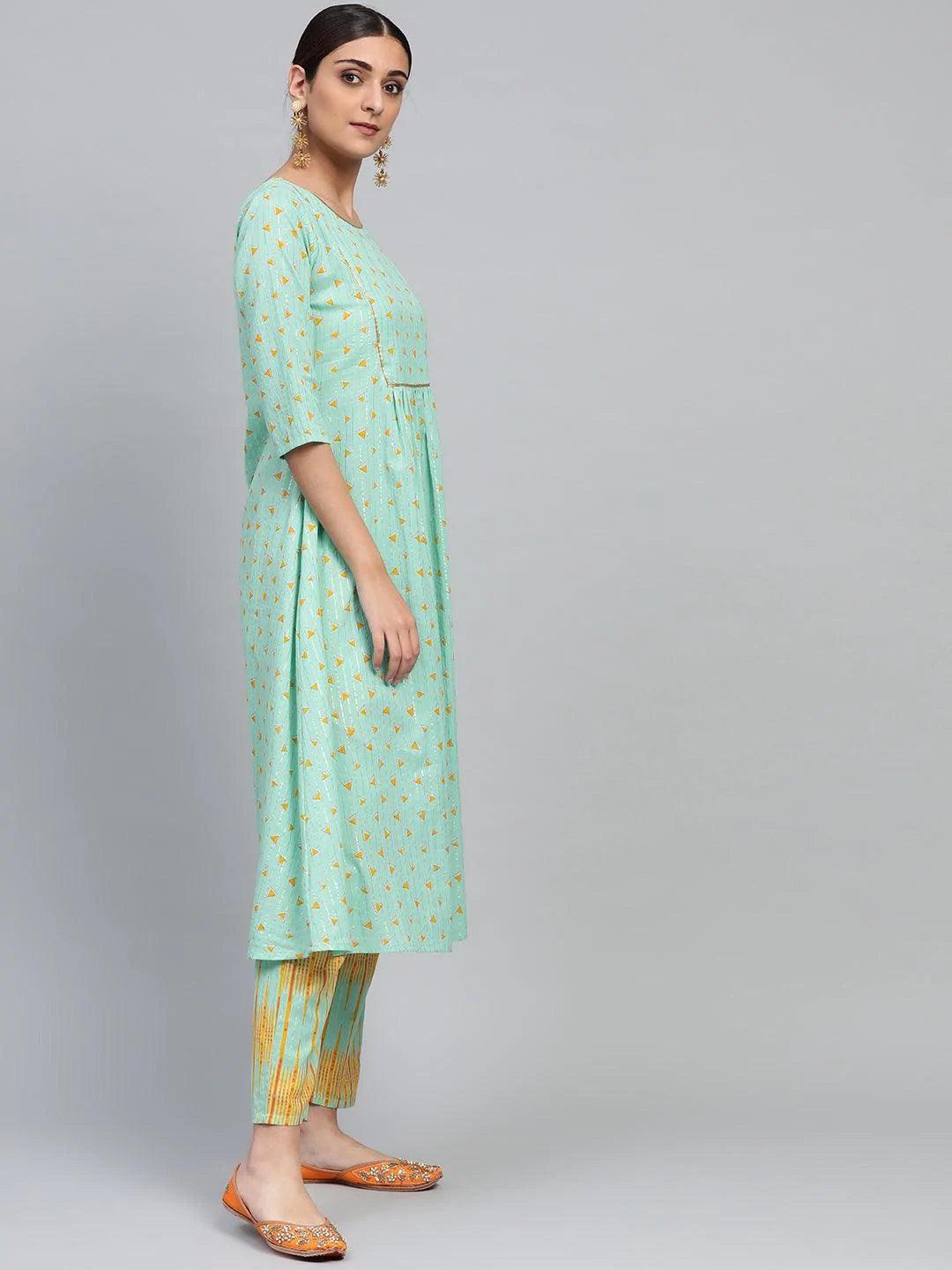 Green Printed Cotton Kurta Set