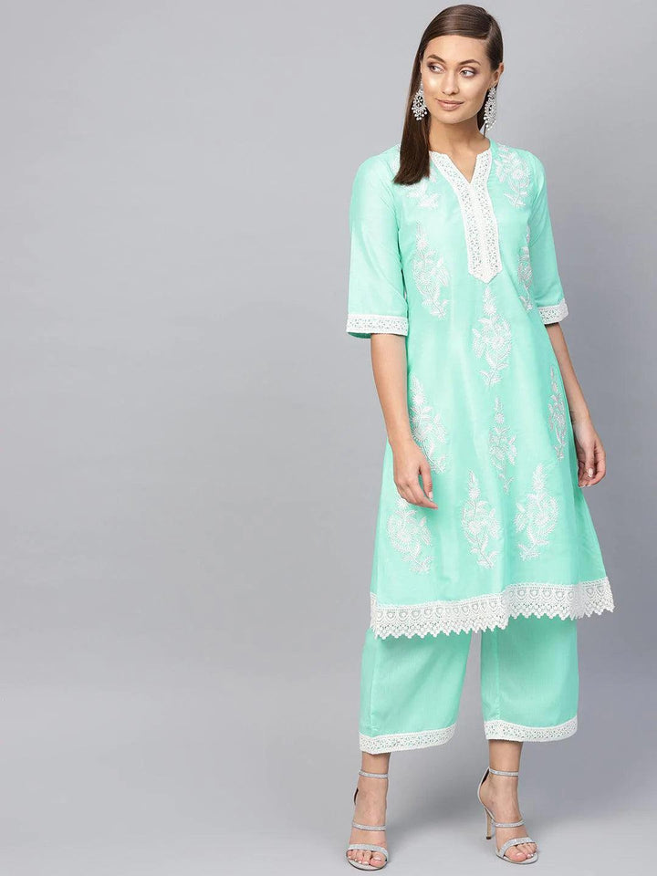 Green Embroidered Muslin Kurta Set - ShopLibas