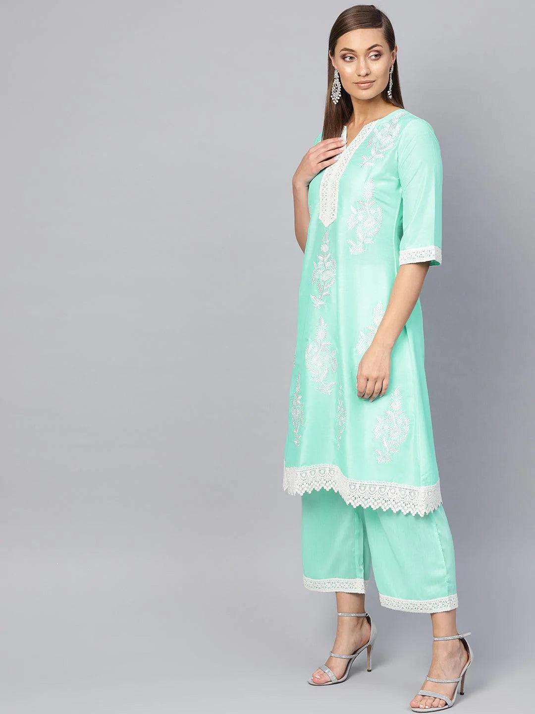 Green Embroidered Muslin Kurta Set - ShopLibas