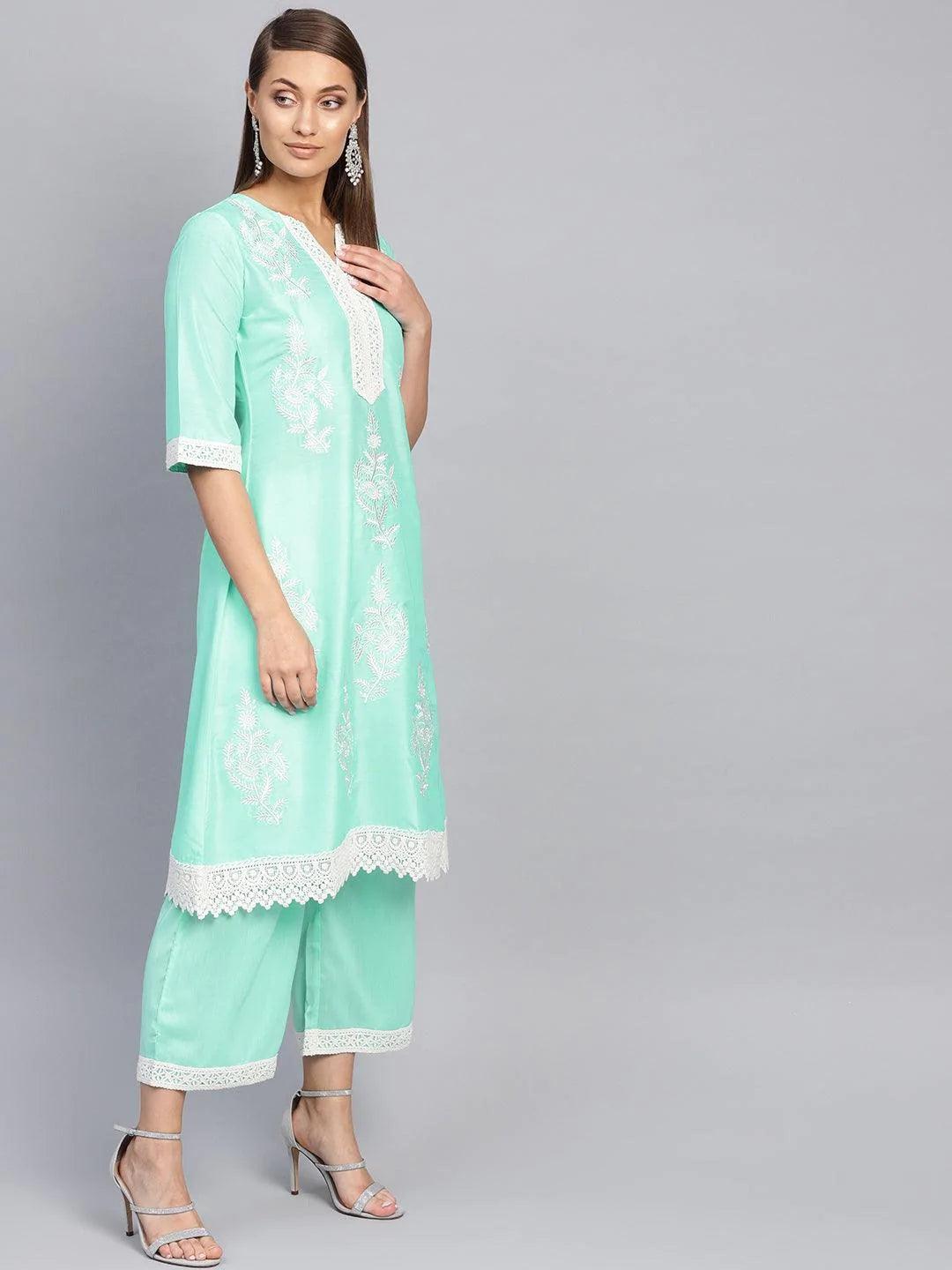 Green Embroidered Muslin Kurta Set - ShopLibas