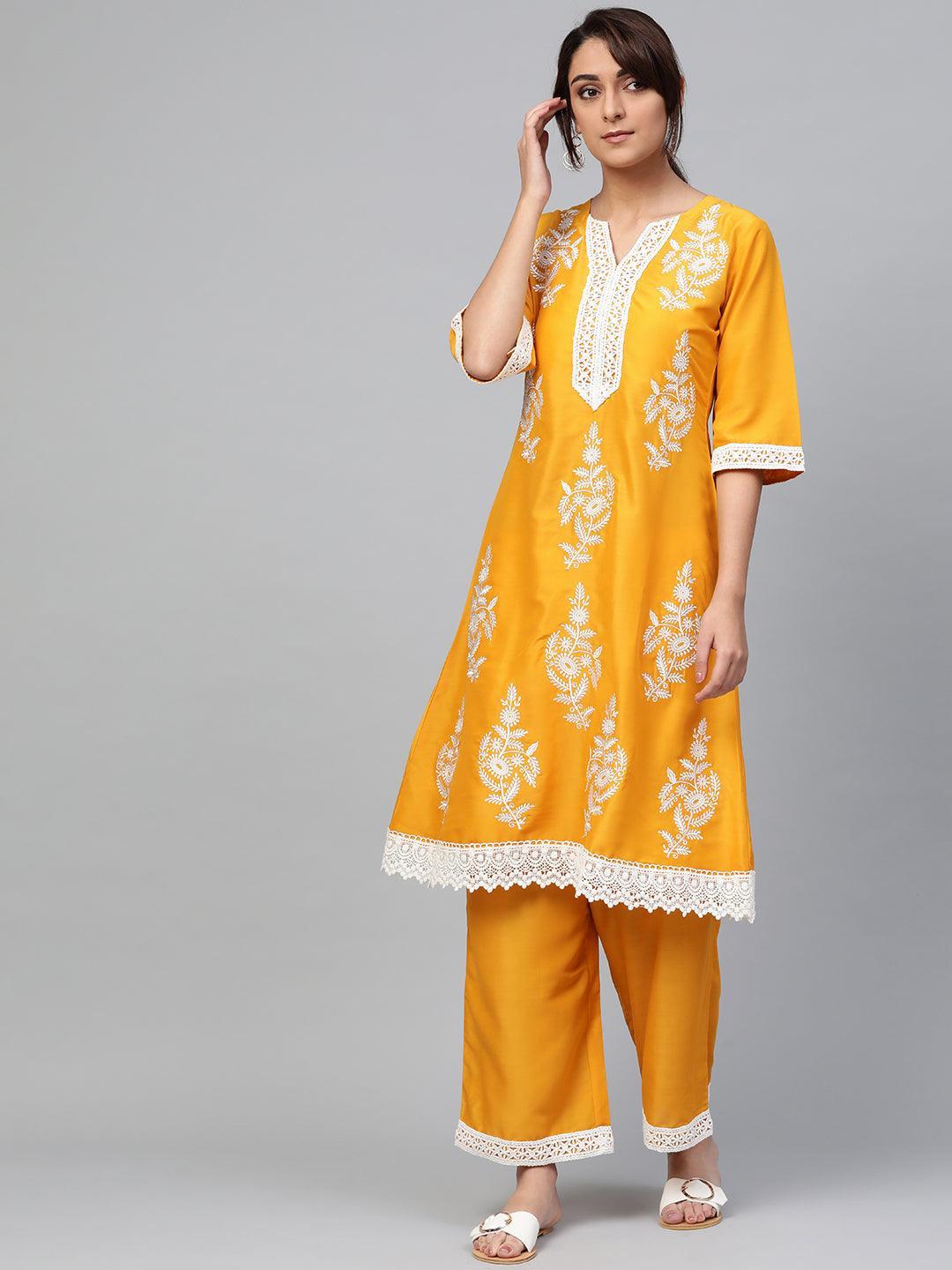 Yellow Embroidered Polyester Kurta Set