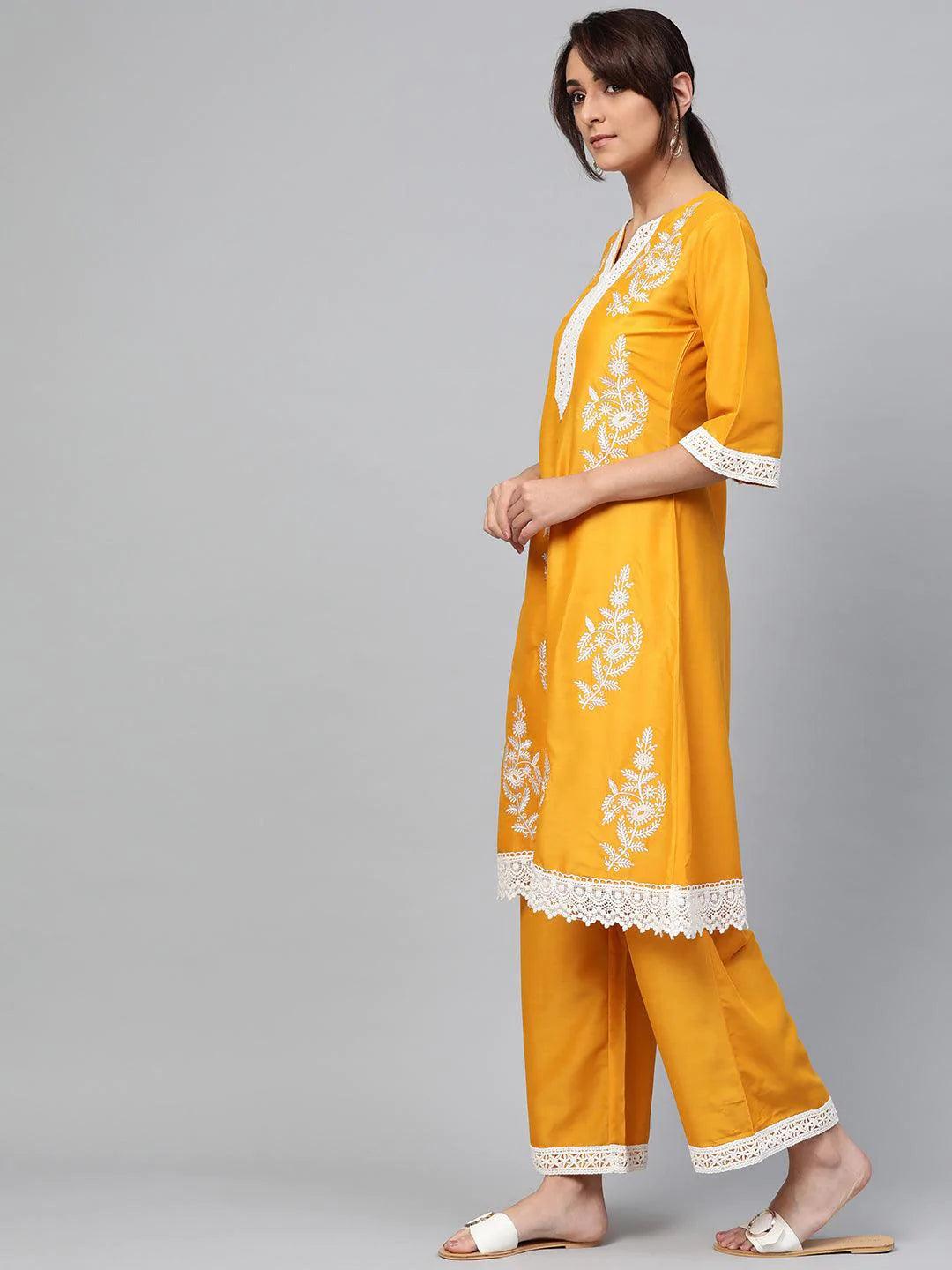 Yellow Embroidered Polyester Kurta Set