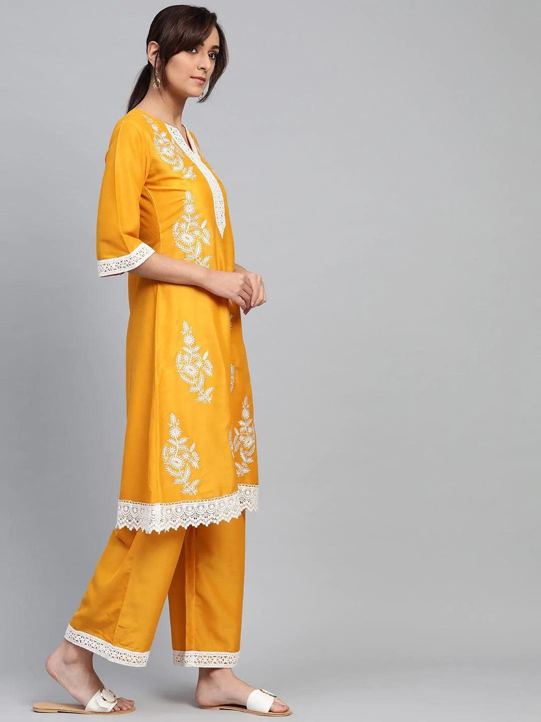 Yellow Embroidered Polyester Kurta Set