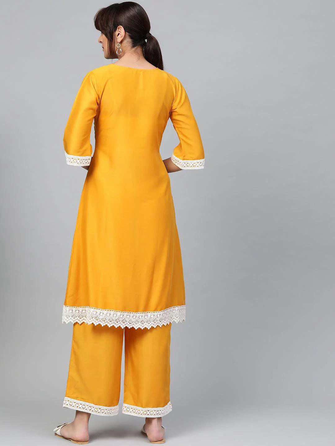 Yellow Embroidered Polyester Kurta Set