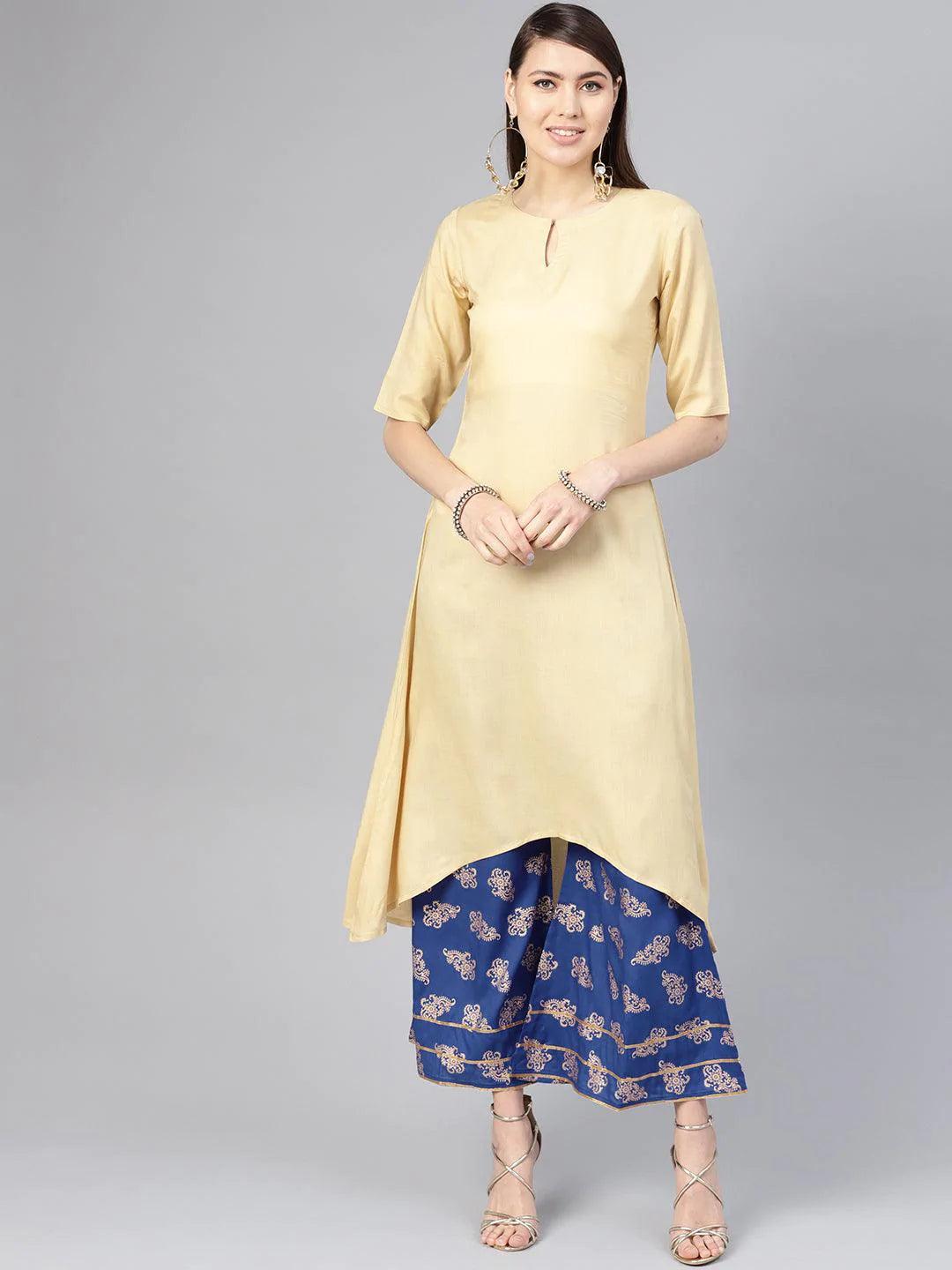 Beige Solid Rayon Kurta Set