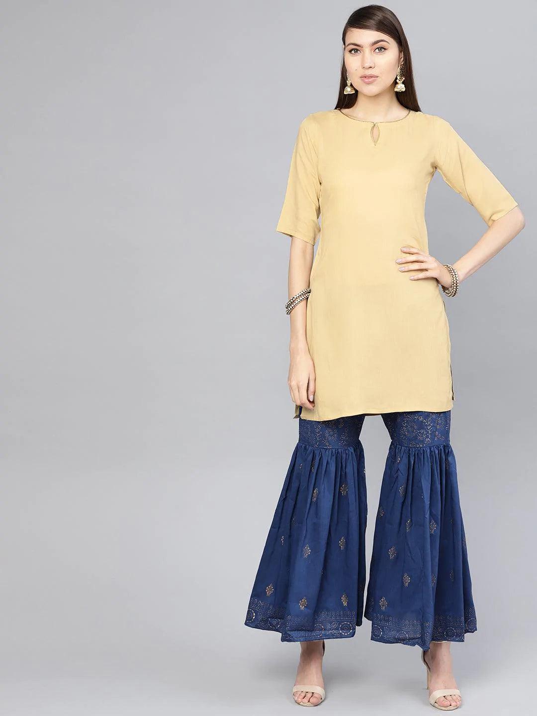 Beige Solid Rayon Kurta Set