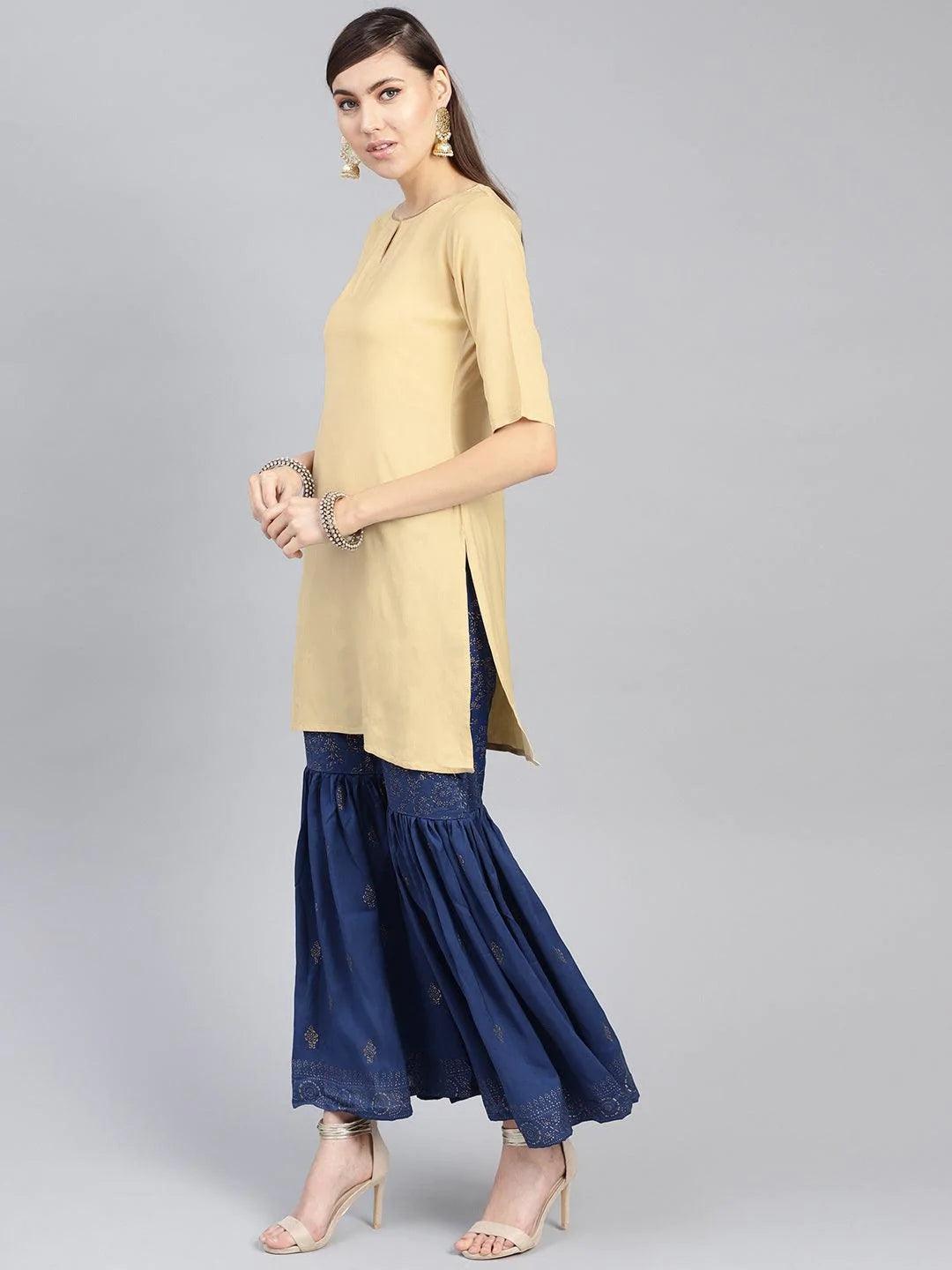 Beige Solid Rayon Kurta Set - ShopLibas