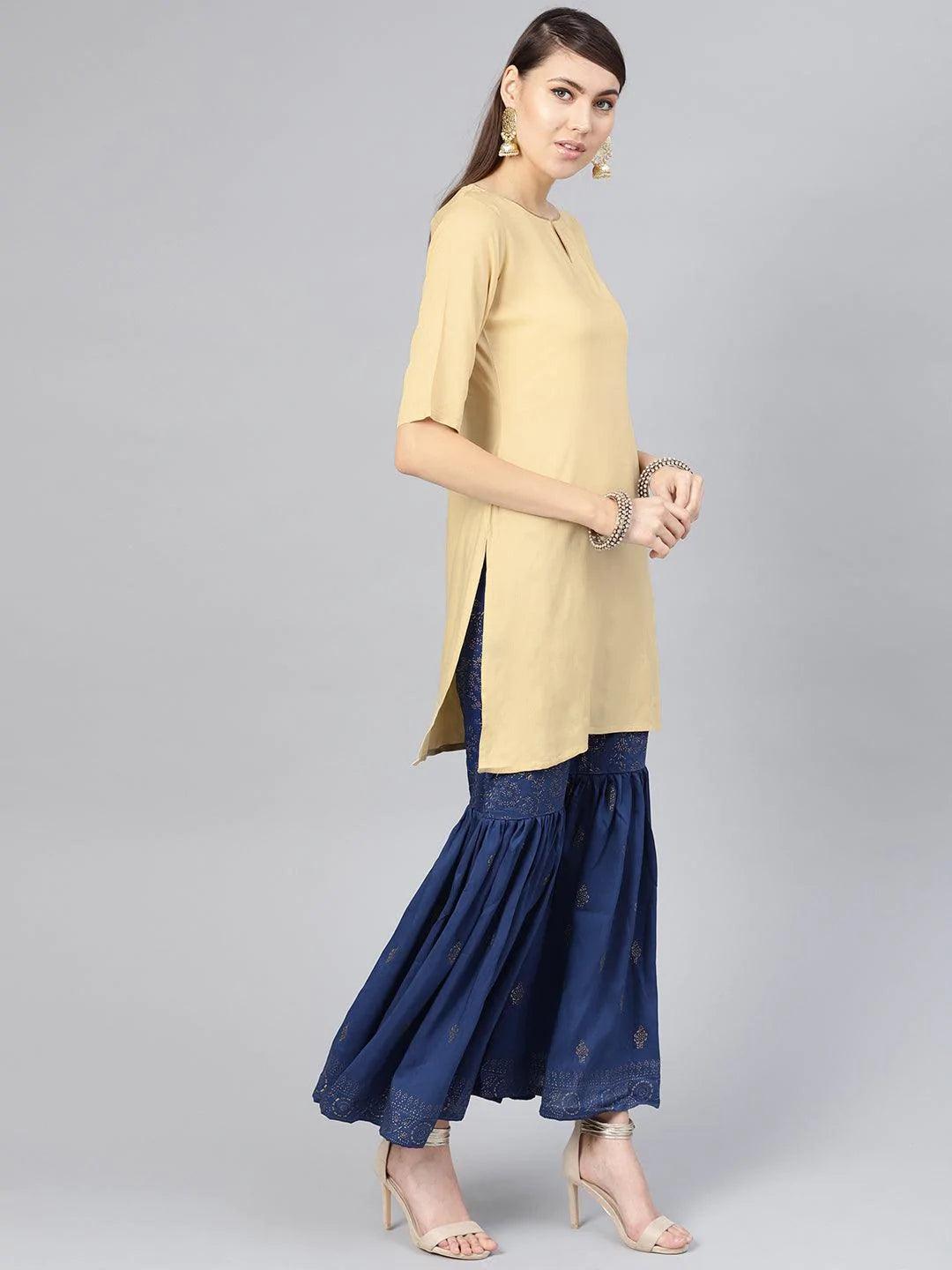 Beige Solid Rayon Kurta Set - ShopLibas