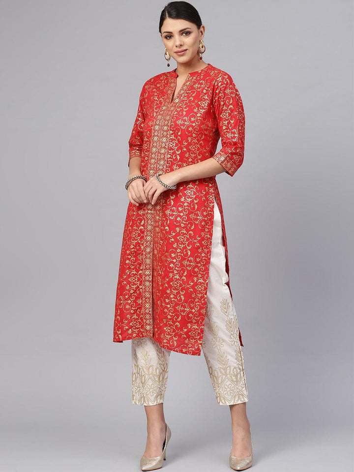 Red Printed Cotton Kurta Set - ShopLibas