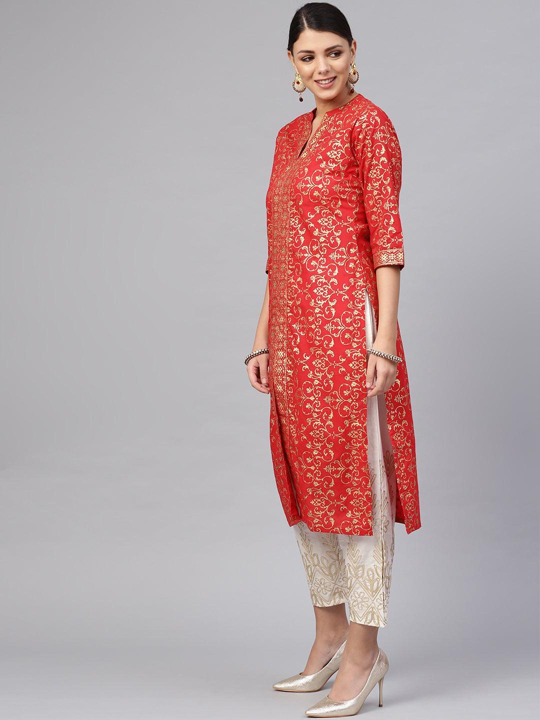 Red Printed Cotton Kurta Set - ShopLibas