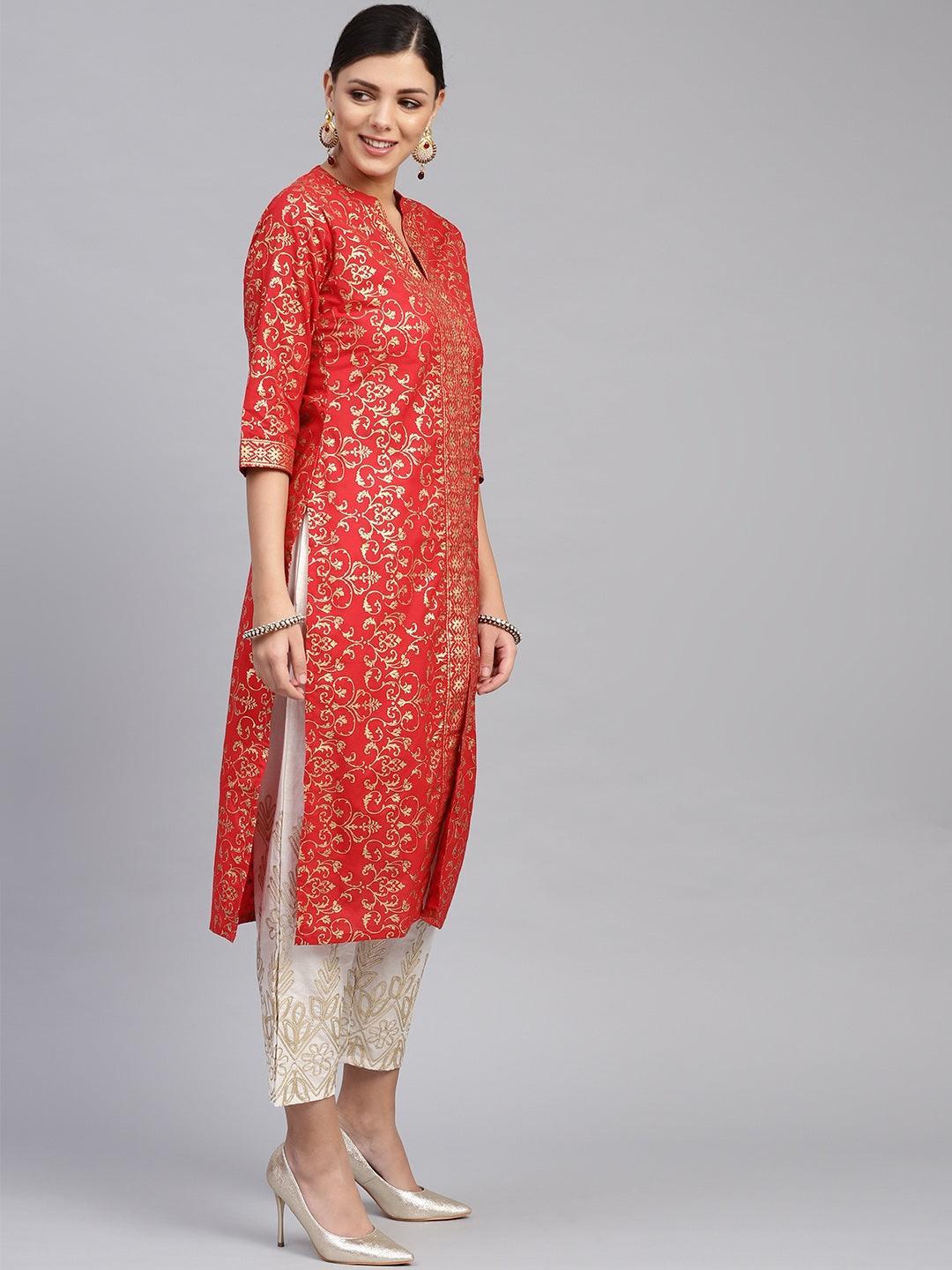 Red Printed Cotton Kurta Set - ShopLibas