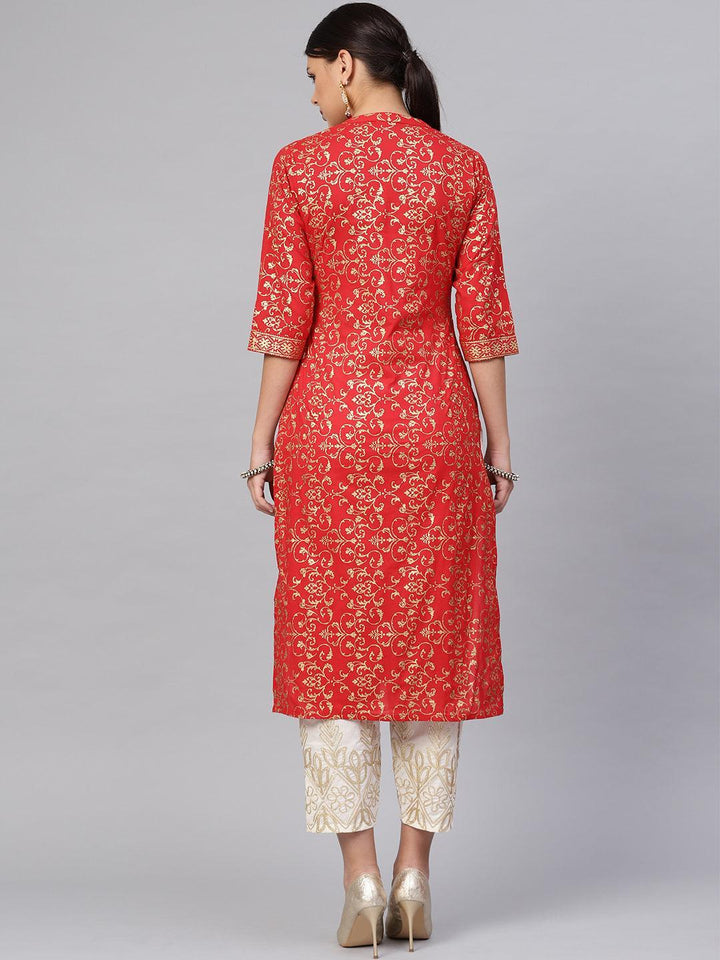 Red Printed Cotton Kurta Set - ShopLibas