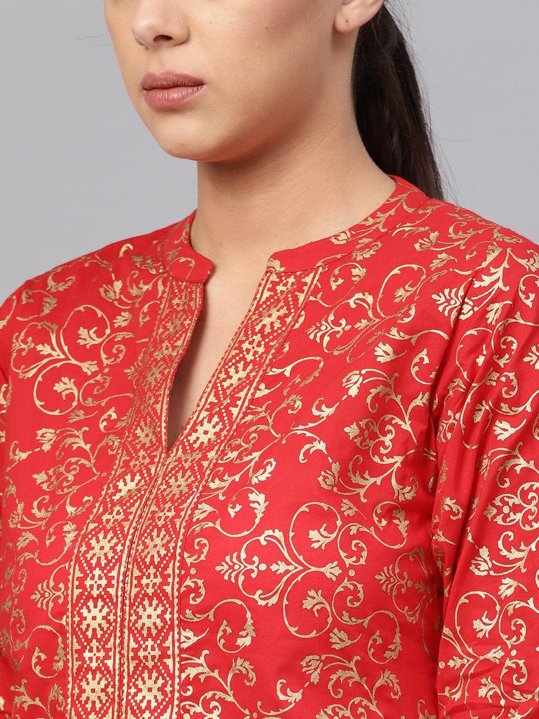 Red Printed Cotton Kurta Set - ShopLibas