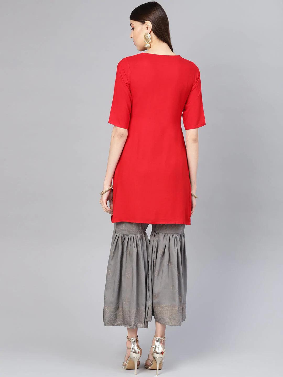 Red Solid Rayon Kurta Set