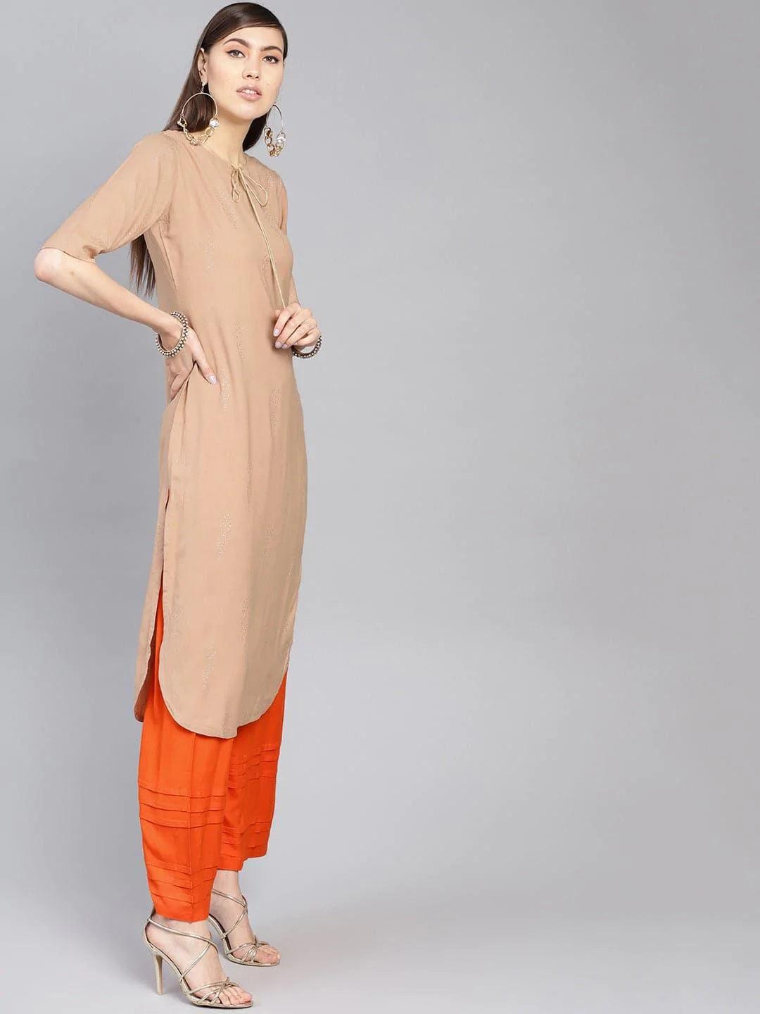 Beige Printed Rayon Kurta Set