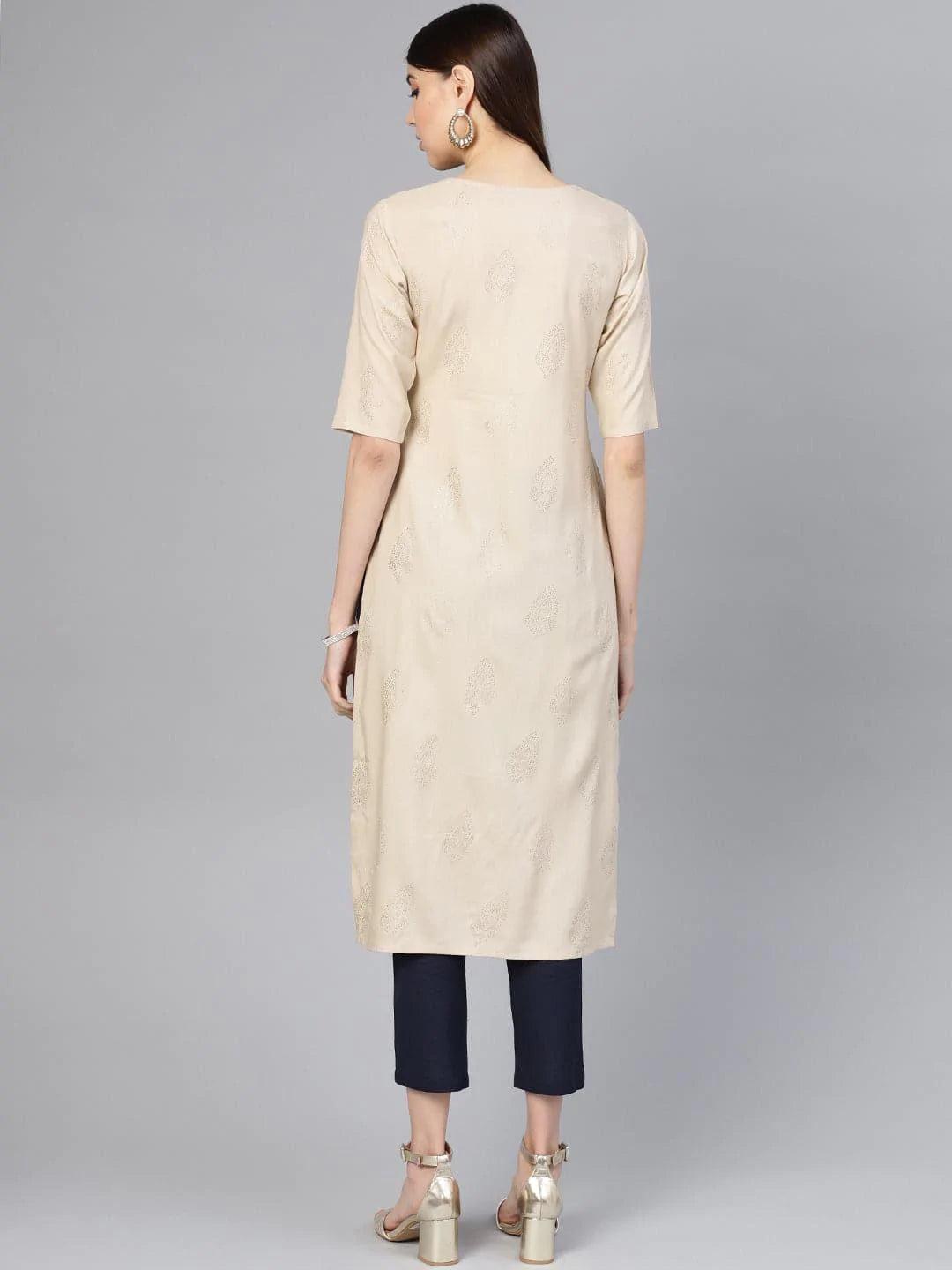 Beige Printed Rayon Kurta Set