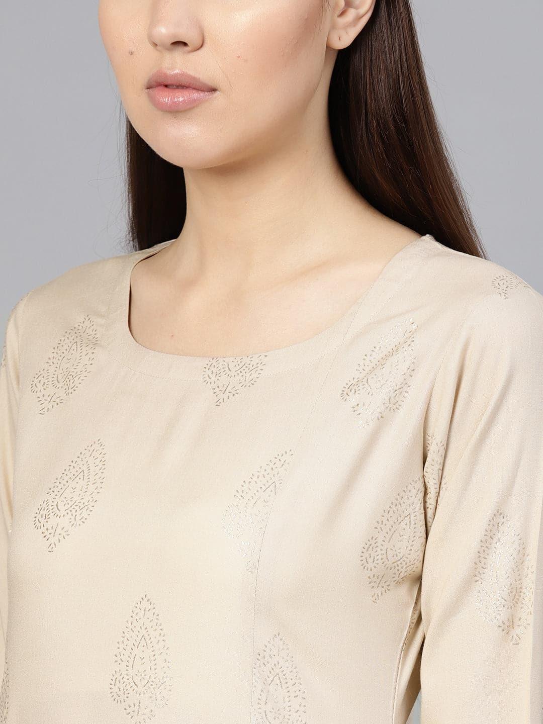 Beige Printed Rayon Kurta Set