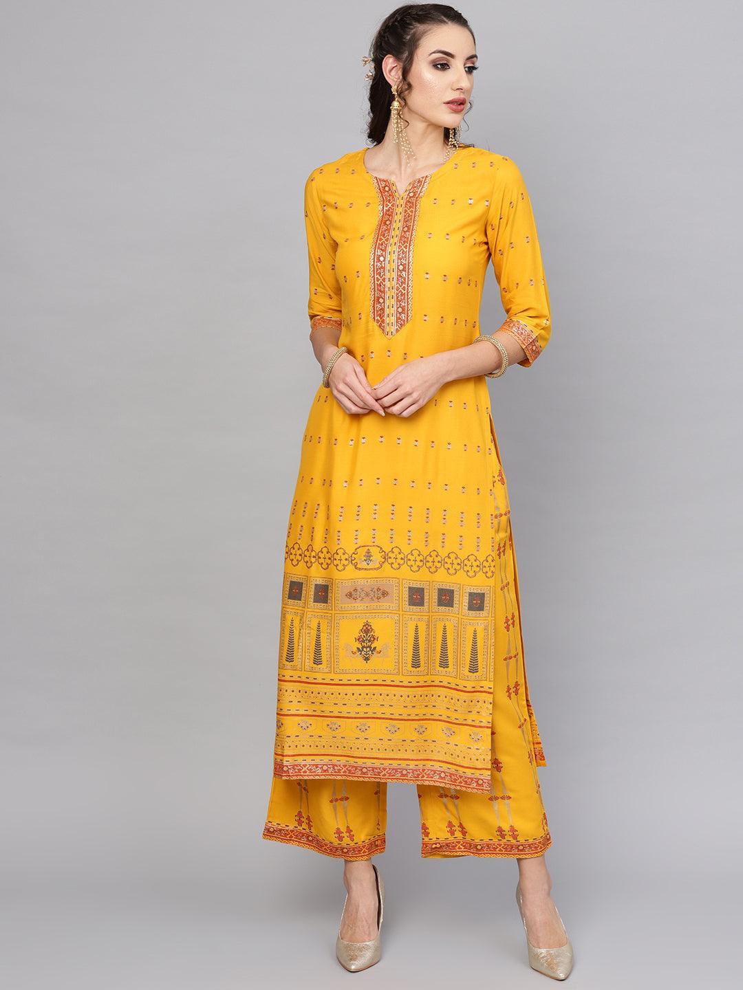 Yellow Printed Rayon Kurta Set - ShopLibas