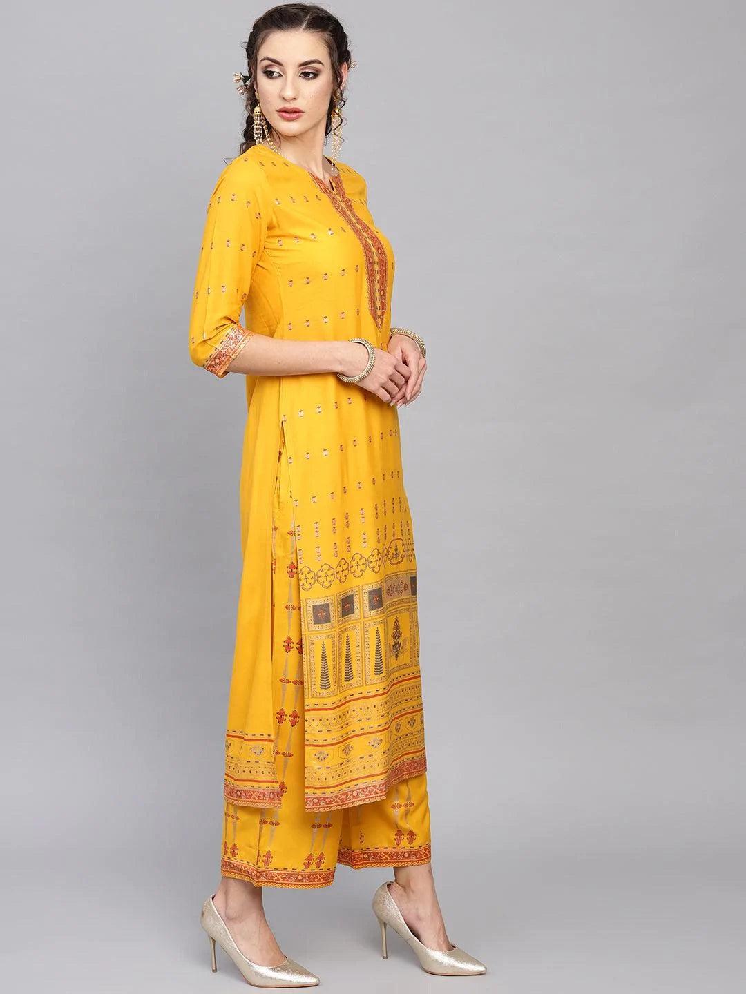 Yellow Printed Rayon Kurta Set - ShopLibas