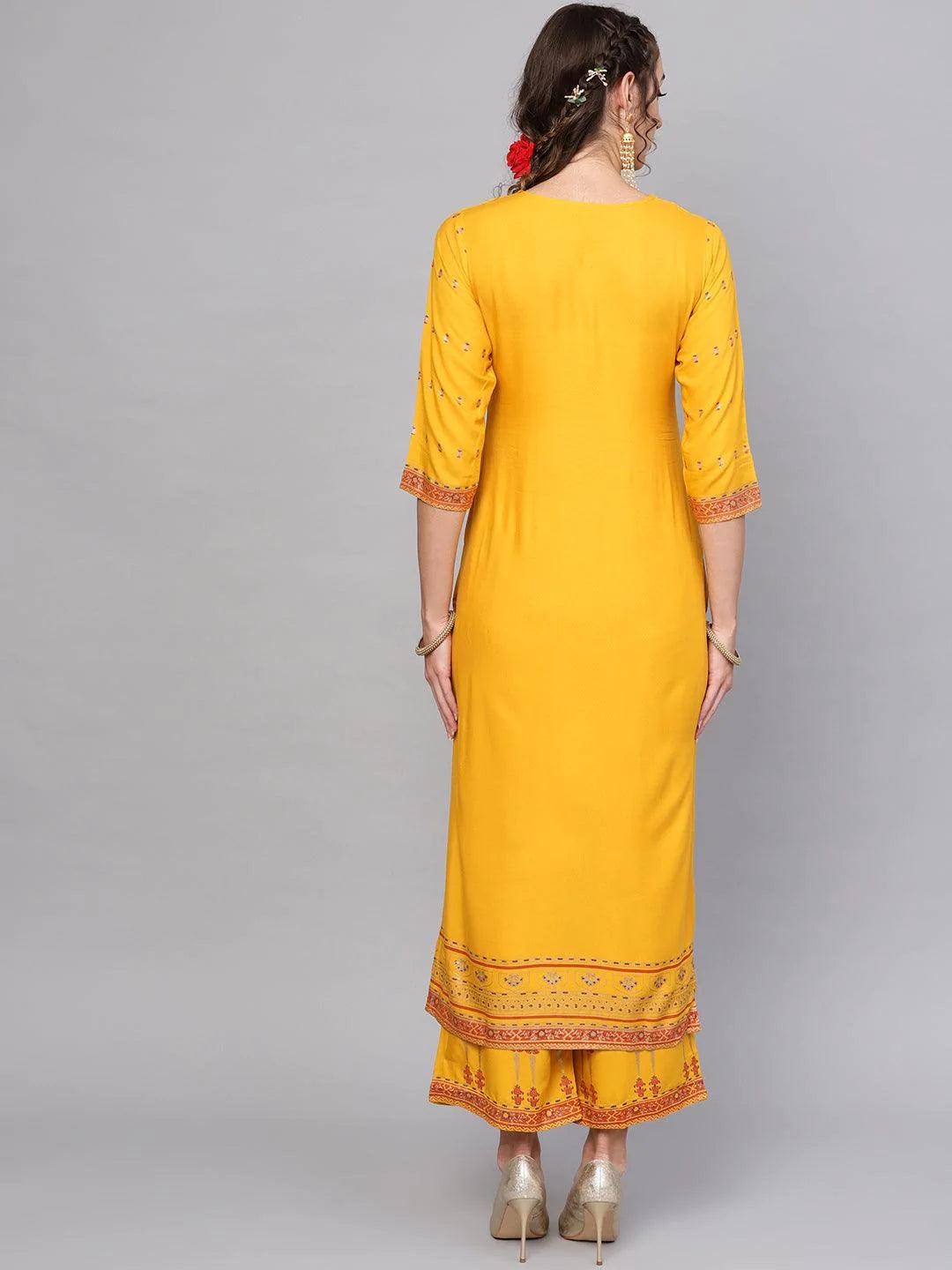 Yellow Printed Rayon Kurta Set - ShopLibas