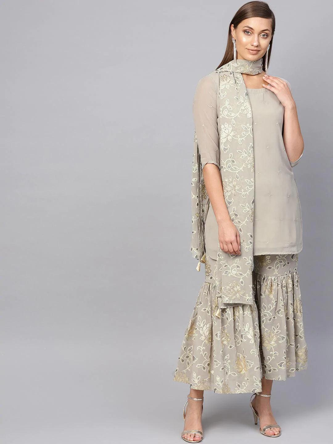 Grey Printed Georgette Suit Set