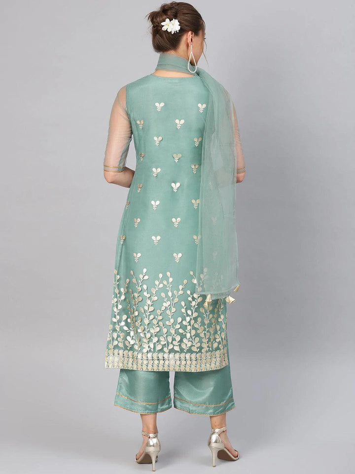 Green Printed Net Suit Set - ShopLibas