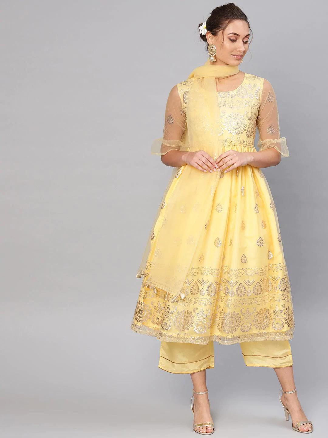 Yellow Printed Net Suit Set - ShopLibas