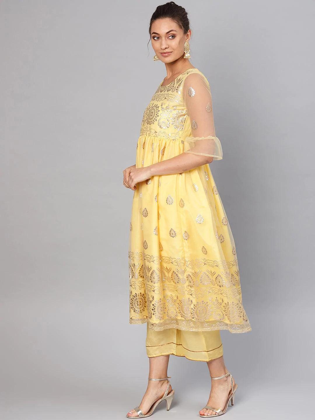 Yellow Printed Net Suit Set - ShopLibas