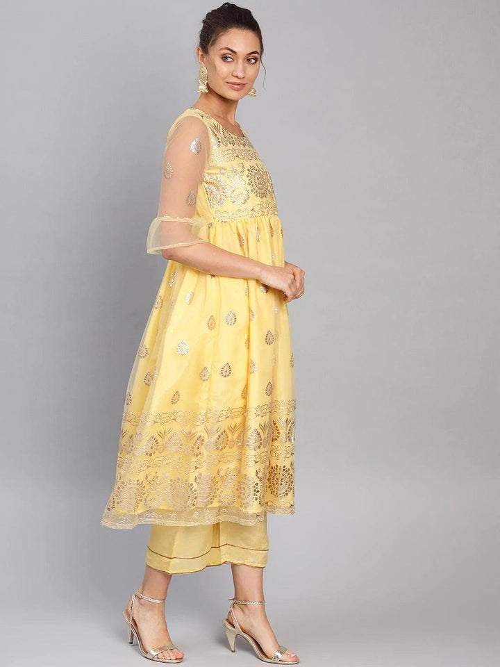 Yellow Printed Net Suit Set - ShopLibas