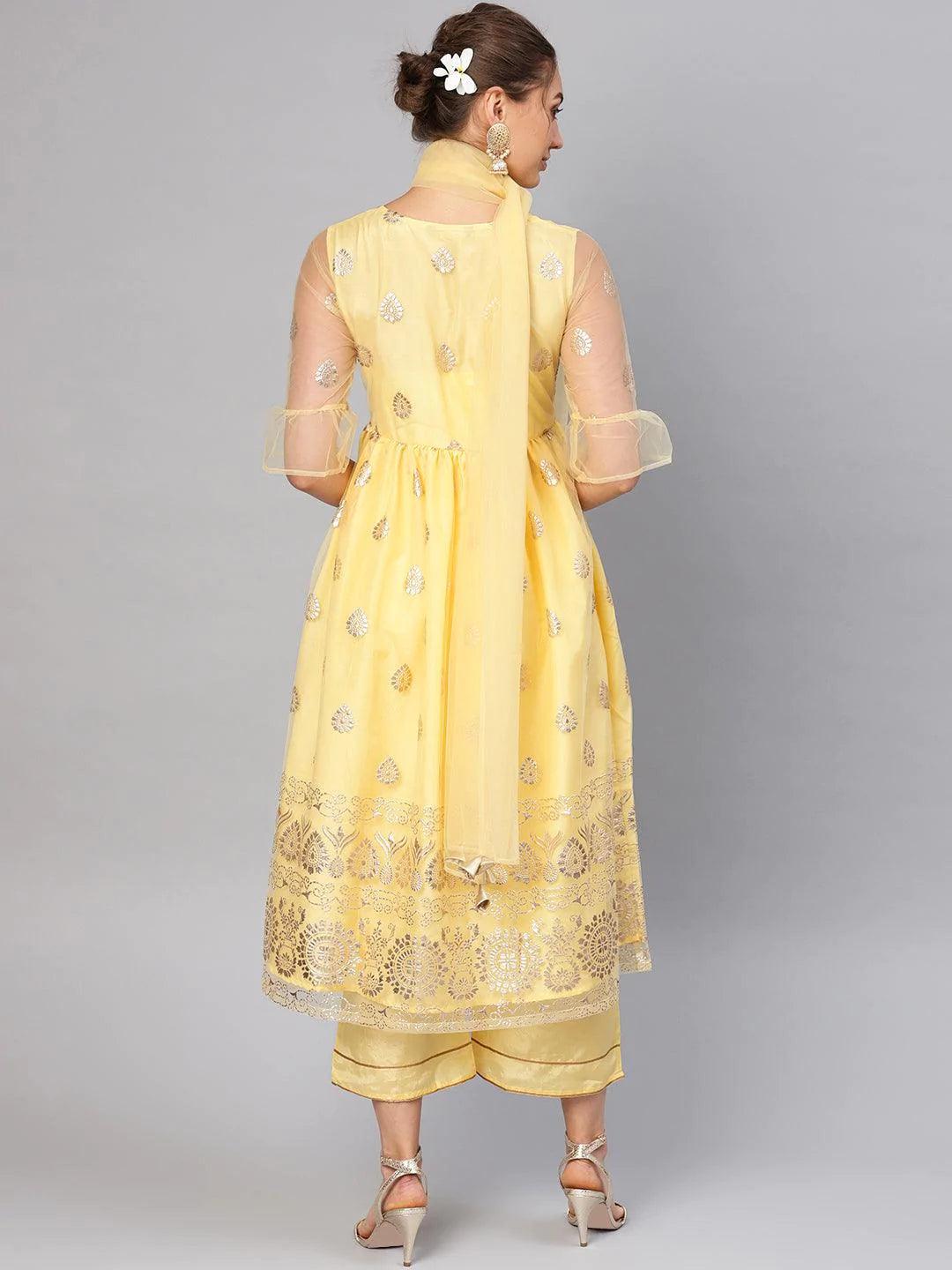 Yellow Printed Net Suit Set