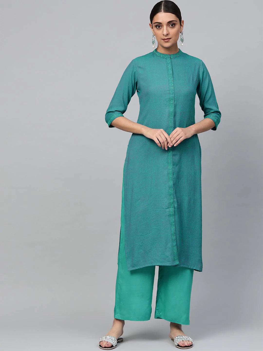 Blue Embroidered Rayon Kurta Set