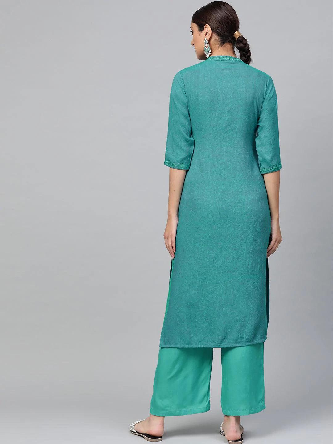 Blue Embroidered Rayon Kurta Set