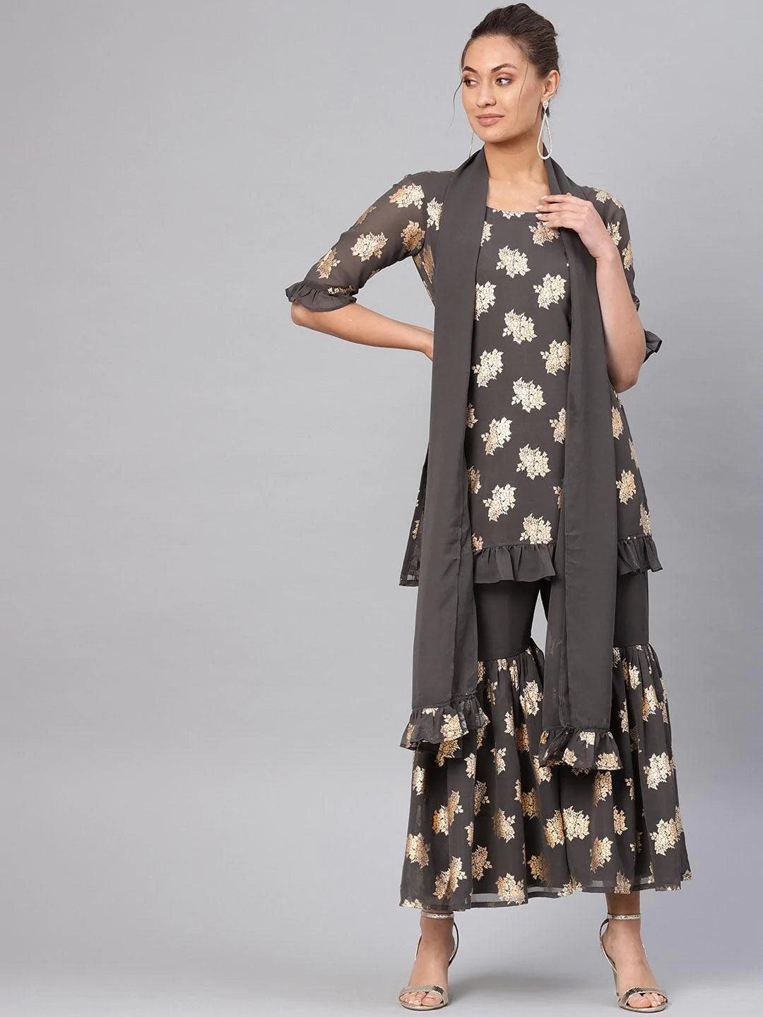 Grey Printed Georgette Suit Set