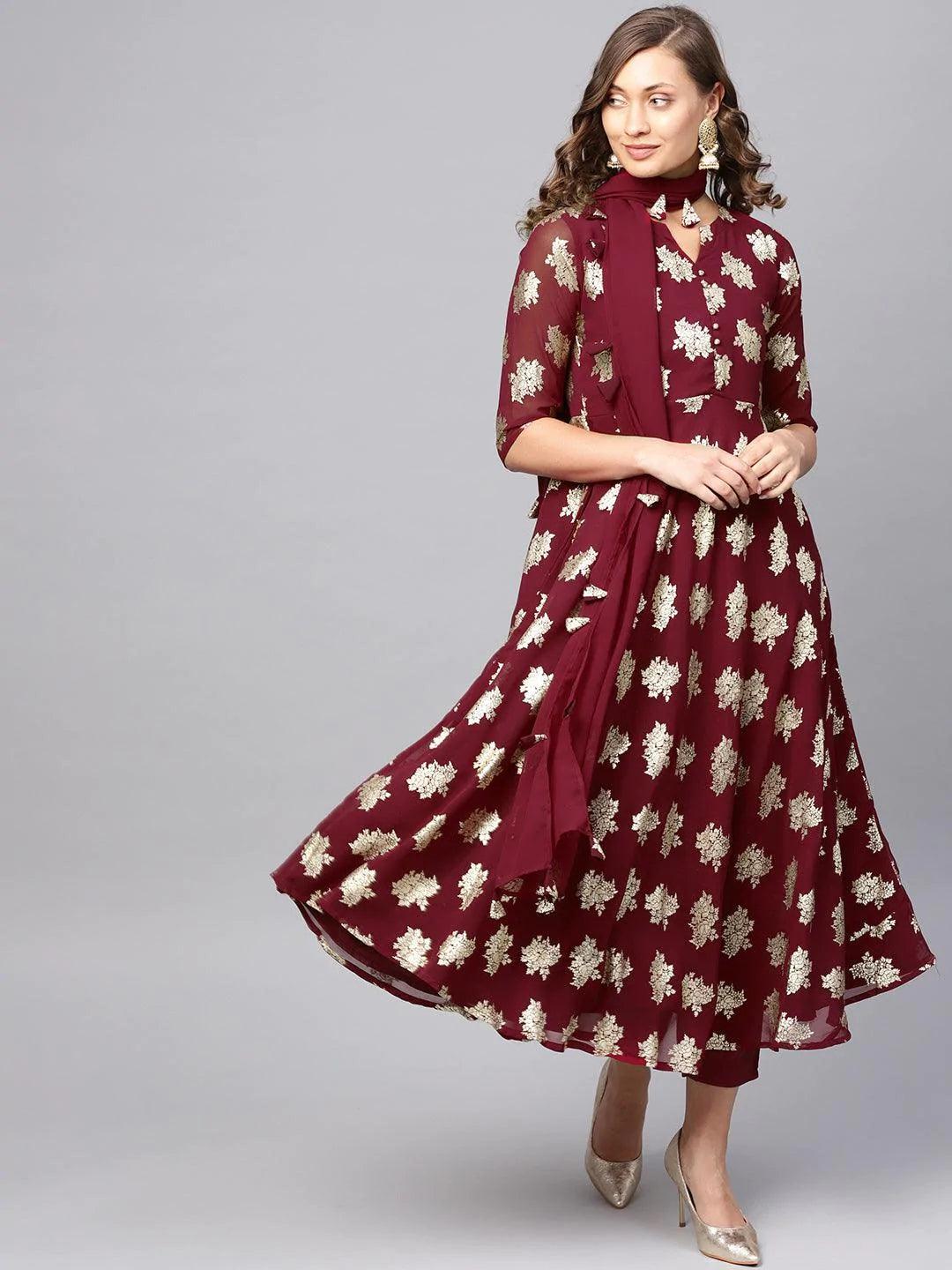 Maroon Printed Georgette Suit Set