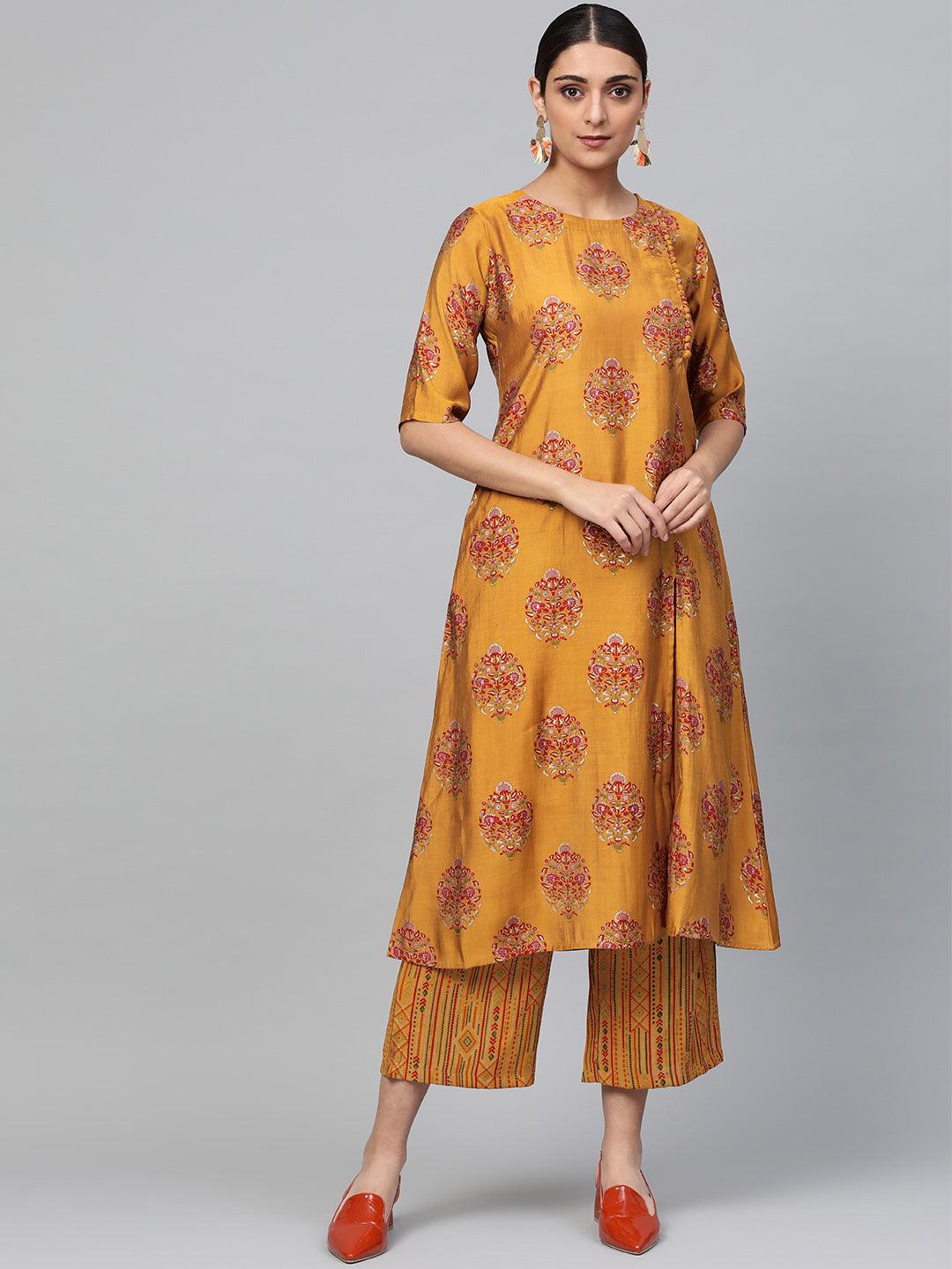 Yellow Printed Polyester Kurta Set - ShopLibas