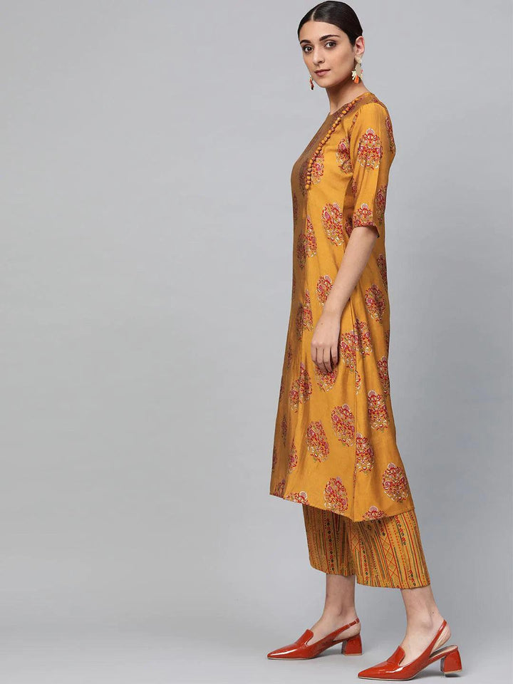 Yellow Printed Polyester Kurta Set - ShopLibas