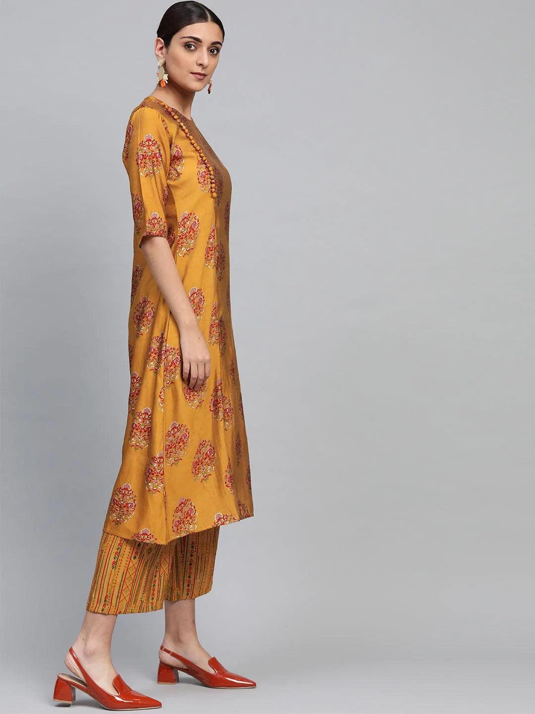 Yellow Printed Polyester Kurta Set - ShopLibas