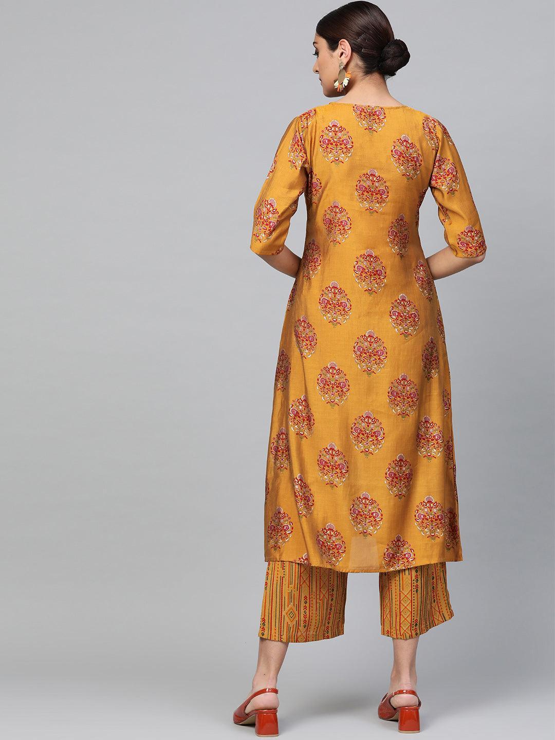 Yellow Printed Polyester Kurta Set - ShopLibas