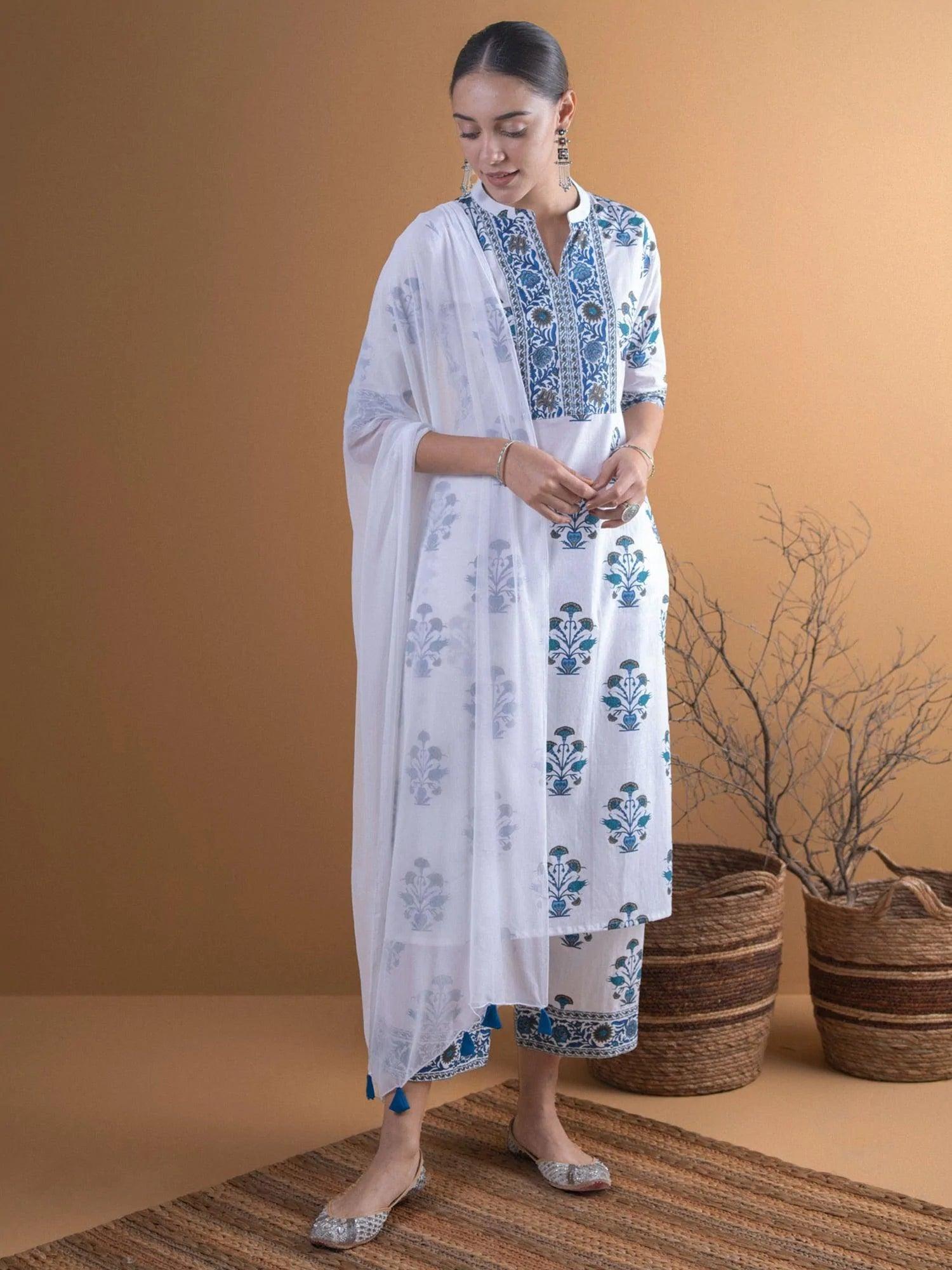 White Printed Cotton Suit Set