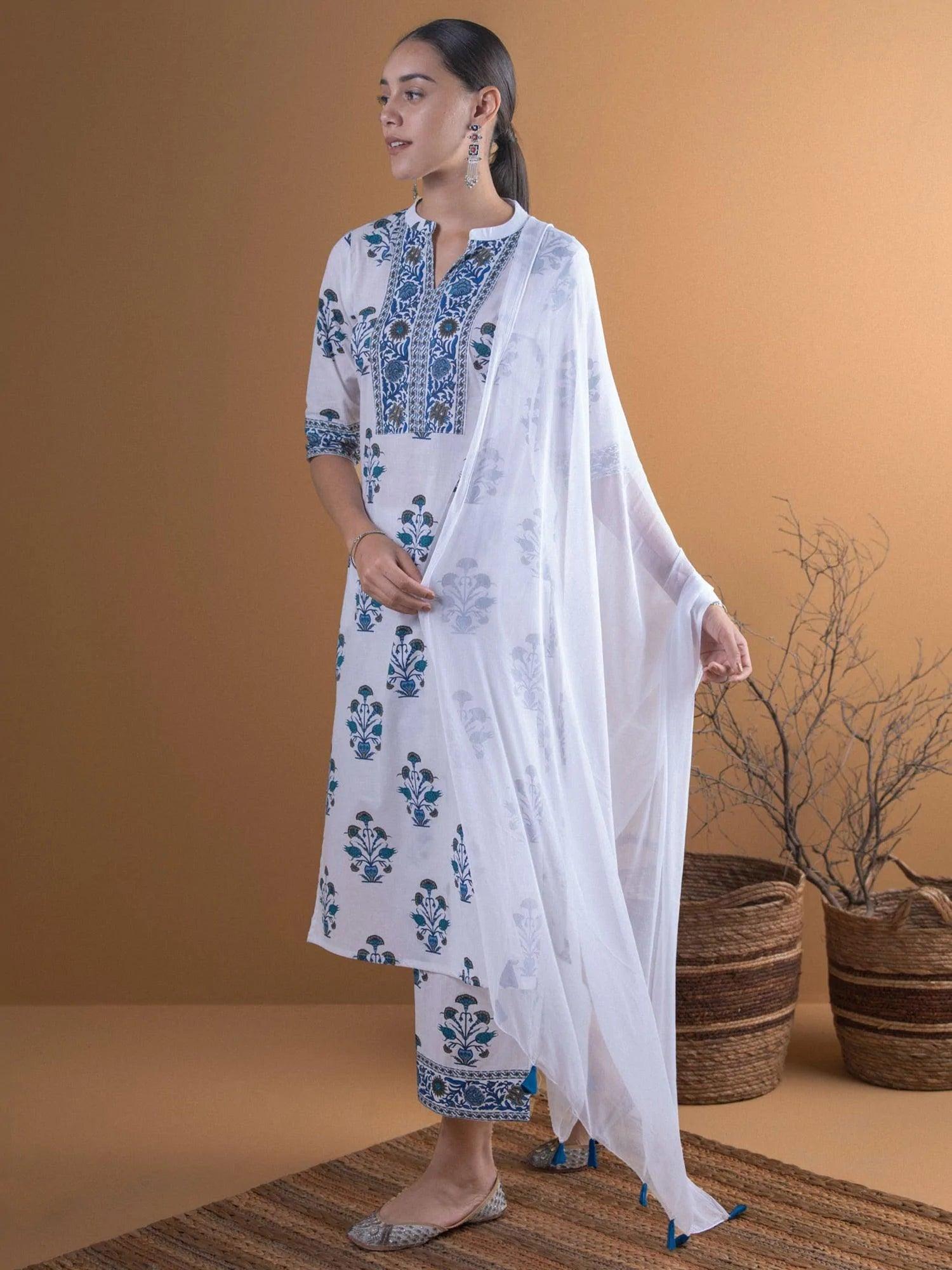 White Printed Cotton Suit Set