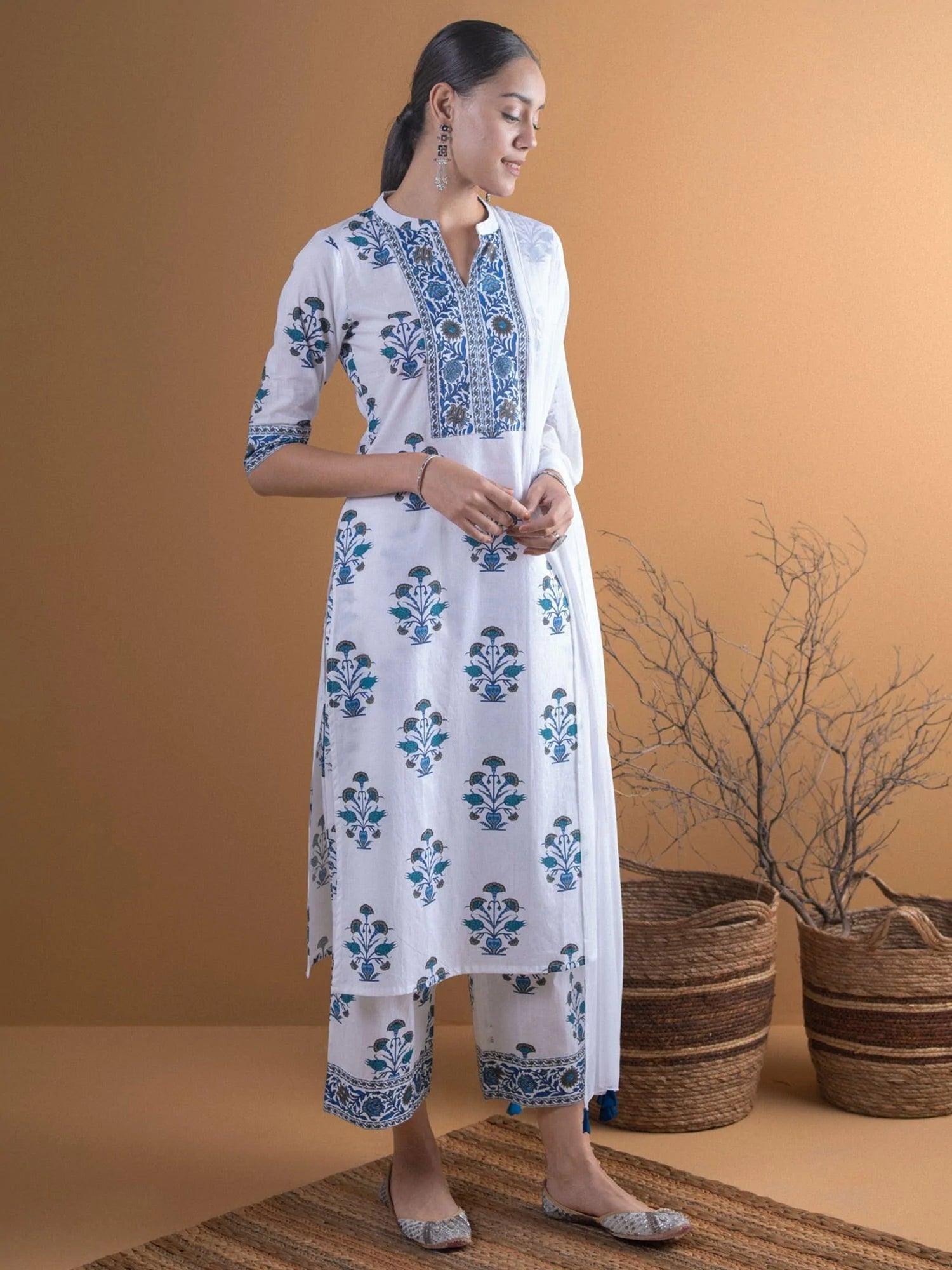 White Printed Cotton Suit Set