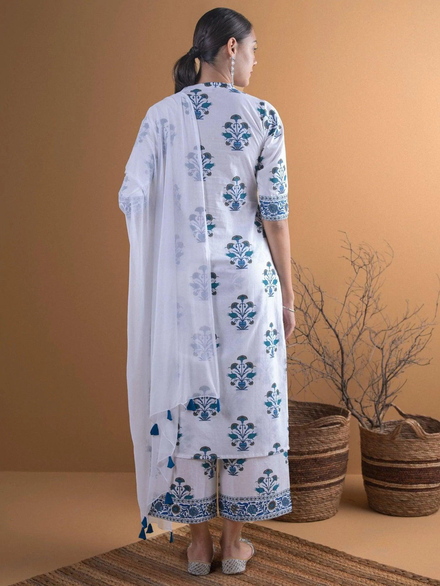 White Printed Cotton Suit Set