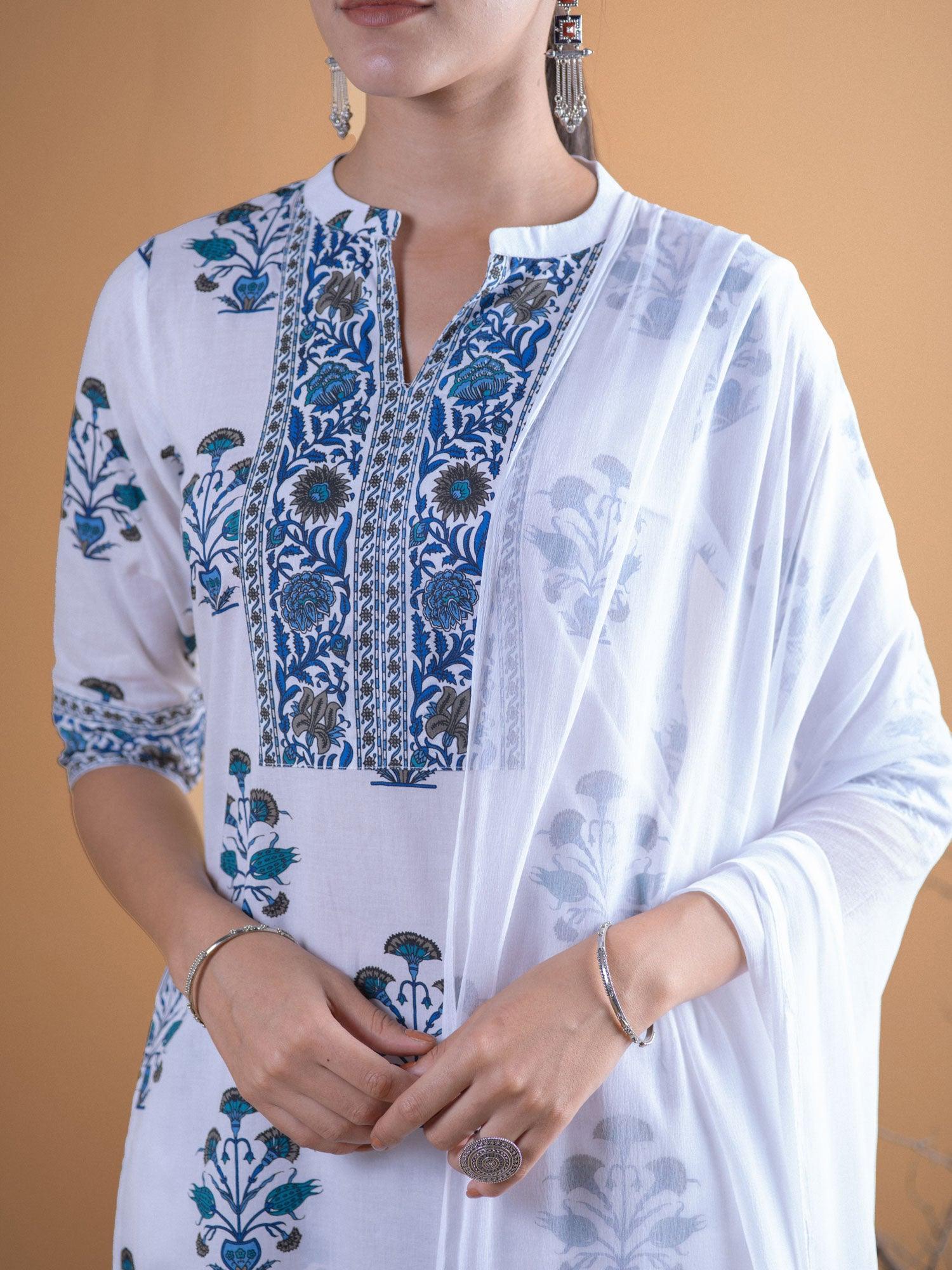 White Printed Cotton Suit Set