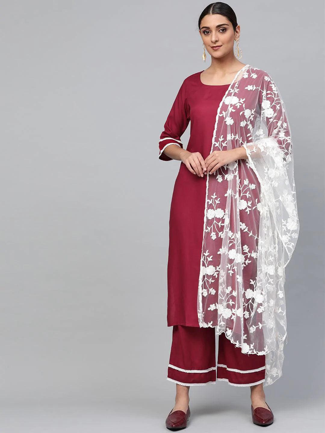 Maroon Solid Polyester Suit Set - ShopLibas