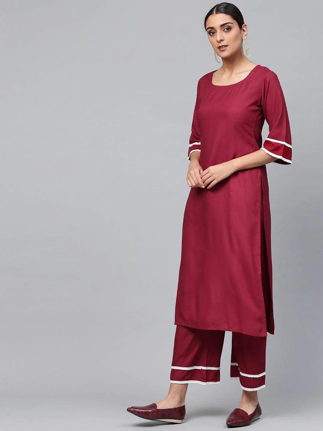 Maroon Solid Polyester Suit Set