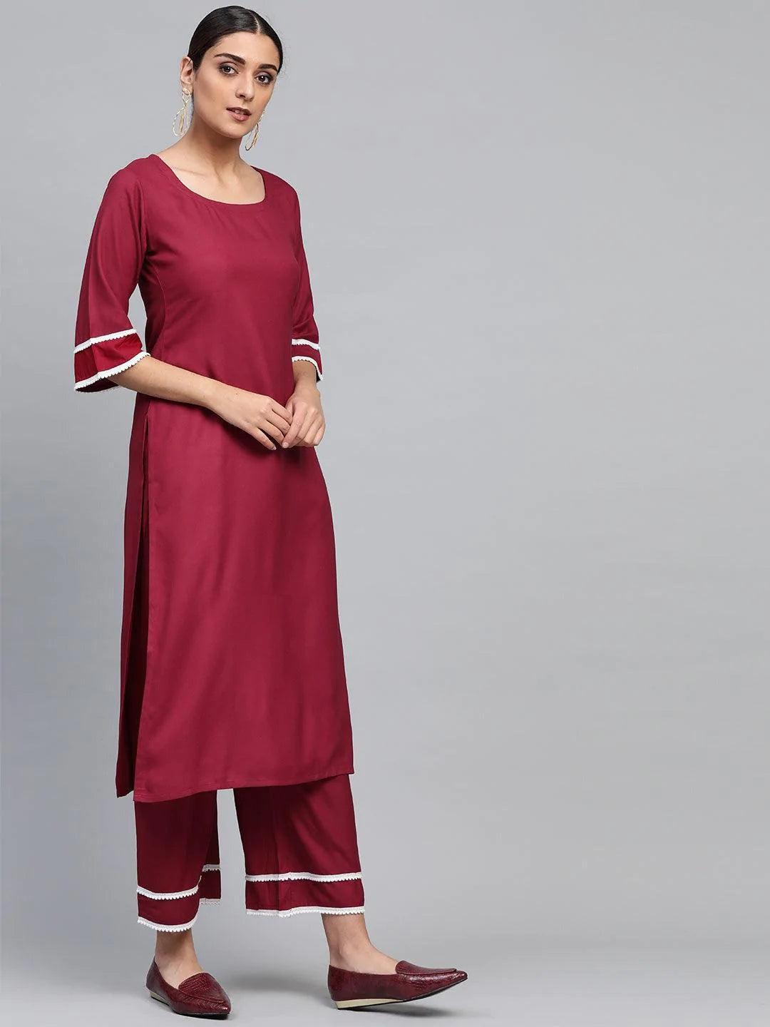 Maroon Solid Polyester Suit Set